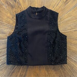 Minuet Petite Black Sleeveless Mock Neck Embellished Crop Top